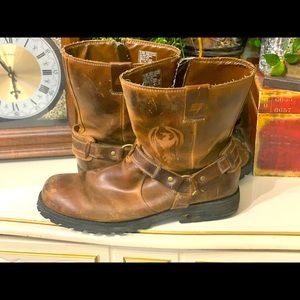 Distressed brown leather men’s motorcycle moto boots w/straps side zipper